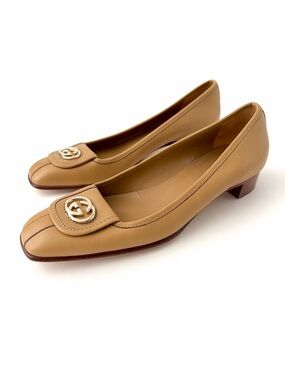 GUCCI | Tan Leather Interlocking GG Square Toe Block Heel Pumps EU 39C